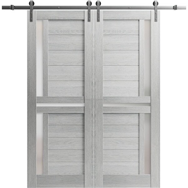 Sartodoors Sturdy Dbl Barn Door 36 x 80in W/, Light Grey Oak W/ Frosted Glass, SS 13FT Rail Hangers Heavy Set VEREGIO7288DB-S-OAK-36 - main